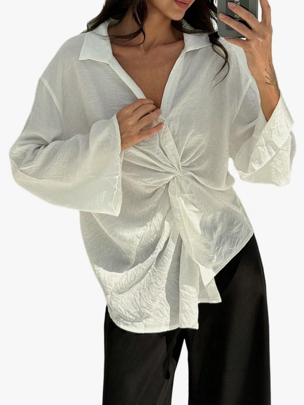 White Knot-Front Long Sleeve Women’s Top